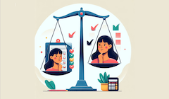 An AI-generated illustration of an unbalanced scale with a student's face on each side.